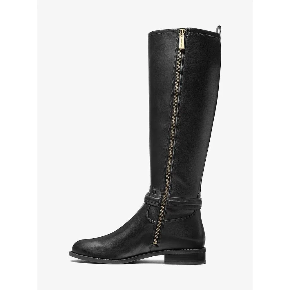 $375 Michael Kors Women's Mindy Flat Leather Tall Black Boots 5 W
